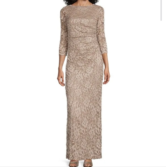 Jessica‎ Howard Elegant Lace Evening Gown Tan And Cream Champagne Size 14P - Picture 1 of 11